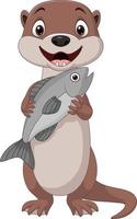 cartoon lachende otter met vis vector