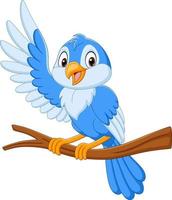 cartoon blauwe vogel zwaaien op boomtak vector