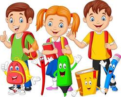 cartoon gelukkige schoolkinderen met schoolbenodigdheden vector