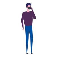 jonge man met smartphone met gezichtsmasker geïsoleerd pictogram vector