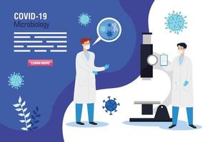 artsen en microscoop met deeltjes covid 19 vector