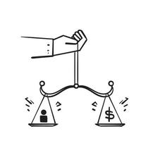 hand getrokken doodle hand met geld en mens op gewicht schaal symbool voor gelijkheid illustratie vector