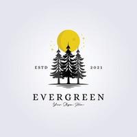 evergreen, bos, avontuur bos logo meer rivieroever kreek vector illustratie silhouet vintage symbool ontwerp