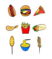 fast food pictogrammenset doodle cartoon vector illustraties grafisch decor element hotdog maïs hamburger vlees pizza franse frietjes