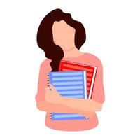 vrouw vlakke afbeelding met boeken kleurrijke cartoon geïsoleerd op wit pictogram lezen geletterdheid dag onderwijs bibliotheek concept vector