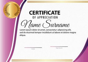 luxe paarse certificaatsjabloon met elegant randframe, diplomaontwerp voor afstuderen of voltooiing vector