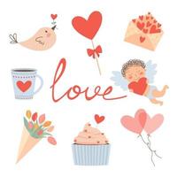 Valentijnsdag set, hart, cupido, cake, ballonnen, tulpenboeket, envelop, vogeltje, hartvormige lolly. vector