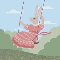 een schattig konijn in een kanten jurk zwaait op een schommel. kinderillustratie, voor wenskaarten, boeken, kinderontwerp vector