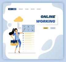 vectorillustratie van vrouw die toegang heeft tot werk en op afstand vergadert door verbinding te maken met internetcloudservice. ontwerp kan worden gebruikt voor website, poster, flyer, apps, reclame, promotie, marketing vector