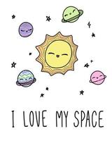 ik hou van mijn ruimte. schattige doodle kosmos met sterren zon planeten voor briefkaart, poster, achtergrond. hand getekende vectorillustratie. vector