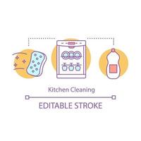 keuken schoonmaak concept icoon. huis opruimen idee dunne lijn illustratie. afwassen. fornuis, servies en gootsteen wassen. afvegen, afstoffen. afwasmachine. vector geïsoleerde overzichtstekening. bewerkbare streek