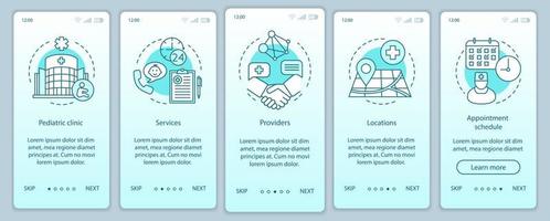 pediatrische kliniek onboarding mobiele app pagina scherm vector sjabloon. diensten, afsprakenschema, locaties. walkthrough website stappen met lineaire pictogrammen. ux, ui, gui smartphone-interfaceconcept