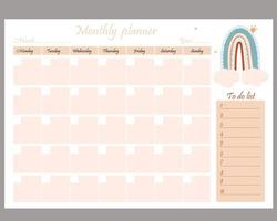 leuke planner-sjablonen - maand, takenlijst. Organizer en schema in scandinavische stijl met notities en te maken met regenbogen en geschenken. vectorillustratie a4. briefpapier, kindercollectie vector