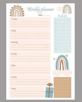 leuke planner-sjablonen voor dag, week, takenlijst. Organizer en schema in scandinavische stijl met notities en te maken met regenbogen en geschenken. vectorillustratie a4. briefpapier, kindercollectie vector