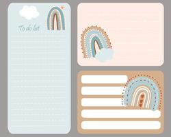 leuke planner-sjablonen voor dag, week, takenlijst en notities. organisator en schema in scandinavische stijl met schattige regenbogen. vectorillustratie. briefpapier voor plannen en organiseren, kindercollectie vector