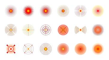 pijnlokalisatie rode cirkelmarkering ingesteld. pijnlijke plaats abstracte teken. zere plek of gekwetste lichaamsdeel marker. pijnstillerreclame en medische informatieposters geïsoleerde vectorontwerpelementen vector