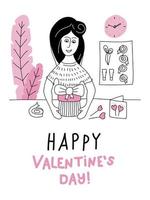 inpakken aangename verrassing. jong meisje verkoper wrapper en siert een geschenk. doodle kaart met belettering happy Valentijnsdag. liefde poster en ansichtkaart. hand getekende lijn kunst vectorillustratie vector