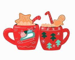 twee kerstmokken met koffie en snoep. vector