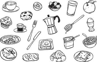 handgetekende ontbijt doodles set vector