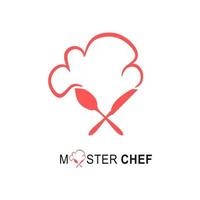 chef hoed logo voor restaurant, café en bedrijf. vector voor voedselpictogram, kookhoed, keuken. chef-kok logo-ontwerp met lepel en mes. masterchef-logo voor bistro, kookelement en voedseletiket.