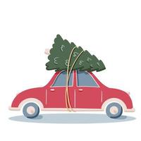 platte vector rijden rode auto met pine kerstboom doodle illustratie, vrolijk kerstfeest, idee voor wenskaart, kunst aan de muur, t-shirt, afdrukbare kleding geïsoleerd op wit