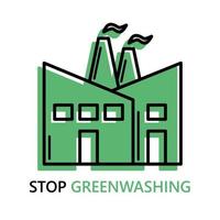 stop greenwashing desinformatie concept vervaardiging industriële fabriek groene vector pictogram of silhouet lijn logo geïsoleerd op een witte achtergrond milieuvervuiling zwarte afbeelding.