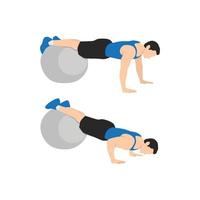 man doet stabiliteit Zwitserse bal push-up oefening. platte vectorillustratie geïsoleerd op een witte achtergrond vector