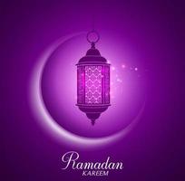 vector wassende maan en lantaarn bliksem op donkere achtergrond met ramadan kareem groeten.