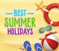 kleurrijke beste zomervakantie vectortitel in het gele zand met pantoffels, zeester, zeeschelpen, reddingsboei vector