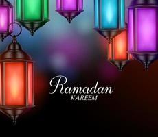 hangende lantaarns of fanous op een donkere gloeiende achtergrond met ramadan kareem-groeten. vector