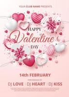 Valentijnsdag poster sjabloon met 3D-harten en geschenkdoos. vector illustratie