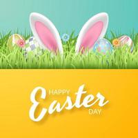 vrolijke pasen achtergrond met realistische beschilderde eieren, gras, bloemen en konijnenoren. vector illustratie
