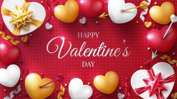 Valentijnsdag achtergrond met 3D-harten, liefdespijl en geschenkdoos. vector illustratie