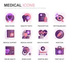 Moderne set gezondheidszorg en medische gradiënt plat pictogrammen voor website en mobiele apps. Bevat iconen zoals ambulance, eerste hulp, onderzoek, ziekenhuis. Conceptuele kleur platte pictogram. Vector pictogram pack.