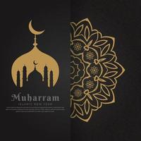 elegante gelukkige muharram islamitische nieuwe jaarachtergrond met mandala en moskeeontwerp. islamitisch nieuwjaarsontwerp vector