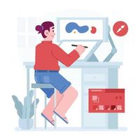 grafisch ontwerper concept vector illustratie idee voor bestemmingspagina sjabloon, freelancer extern kantoor werkplek interieur met bureau, stoel en computer, met de hand getekende vlakke stijlen