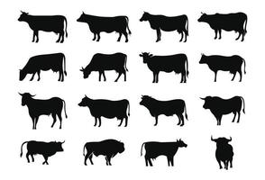 koe grazen op weide, koe silhouet in veld gras eten. vector koe icoon of logo voor boerderij winkel of markt. melk, zuivel, boerderij product ontwerpelement set.