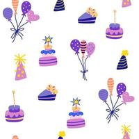 verjaardagstaart en ballonnen naadloze patroon. vakantiefeestelementen, ballon, cake, kaars, hoed. goed voor decoratie kinderfeestje. geweldig voor stof, textiel. vector cartoon illustratie