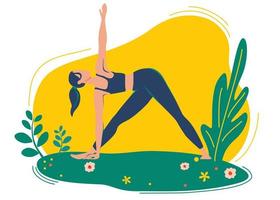 vrouw doet yoga-oefening, yoga pose. het concept van buitenyoga. yogalessen in de natuur. gezond levensstijlconcept. webpaginasjabloon van yogaschool, studio. vector illustratie