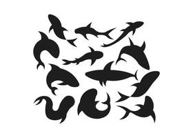 set met silhouetten van een walvis in verschillende posities vector plat zwart