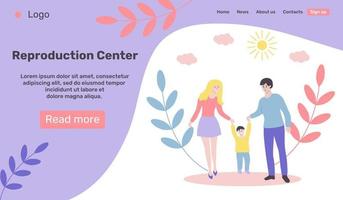 webpagina-ontwerpsjabloon voor reproductiecentrum. gelukkig jong gezin op een wandeling. vector