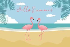 hallo zomer achtergrond. roze flamingo's, panorama van zee en strand, palmbomen. vector