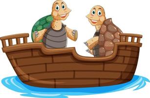schildpadden op houten boot in cartoonstijl vector