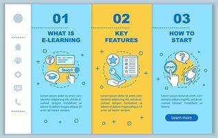 e-learning onboarding mobiele webpagina's vector sjabloon. onderwijs. online leren. interactieve opleiding. responsieve smartphone website-interface. webpagina walkthrough stap scherm. kleur lineair concept