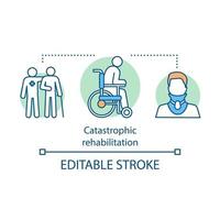 catastrofale revalidatie concept icoon. letsel, trauma idee dunne lijn illustratie. gehandicapt persoon. nek breuk. rolstoel gebruiken. medische zorg. vector geïsoleerde overzichtstekening. bewerkbare streek