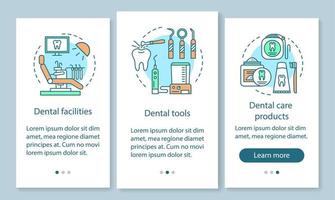 tandheelkundige spullen onboarding mobiele app paginascherm met lineaire concepten. tandheelkundige faciliteiten, apparaten, verzorgingsproducten stapsgewijze instructies grafische instructies. ux, ui, gui vectorsjabloon met illustraties vector