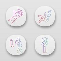 infectie, allergie symptomen app iconen set. huiduitslag, roodheid allergische reactie. astma, bronchitis. ui ux-gebruikersinterface. besmettelijke ziekte. web- of mobiele applicaties. geïsoleerde vectorillustraties vector