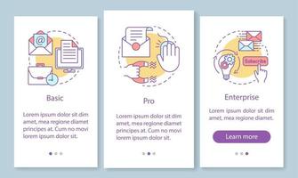 e-mailmarketingabonnement onboarding mobiele app-paginascherm met lineaire concepten. basis- of pro-tarieven. drie walkthrough stappen grafische instructies. ux, ui, gui vectorsjabloon met illustraties vector