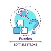 puzzels concept icoon. zoektocht spel idee dunne lijn illustratie. op zoek naar antwoord, aanwijzingen. puzzel onderdelen. probleem oplossen, oplossing zoeken. vector geïsoleerde overzichtstekening. bewerkbare streek