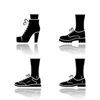 vrouwen herfst schoenen slagschaduw zwarte glyph iconen set. vrouwelijke formele en casual schoenen. stijlvolle unisex sneakers, lita. lente, winter en herfst seizoen loafers. geïsoleerde vectorillustraties vector